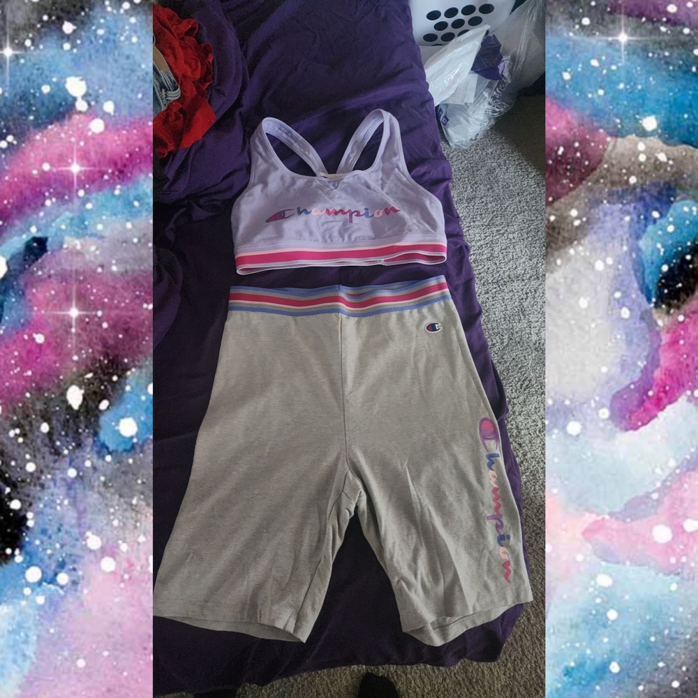 Champion Lavender & Gray Athletic Set with Multicolor Stripe Accents